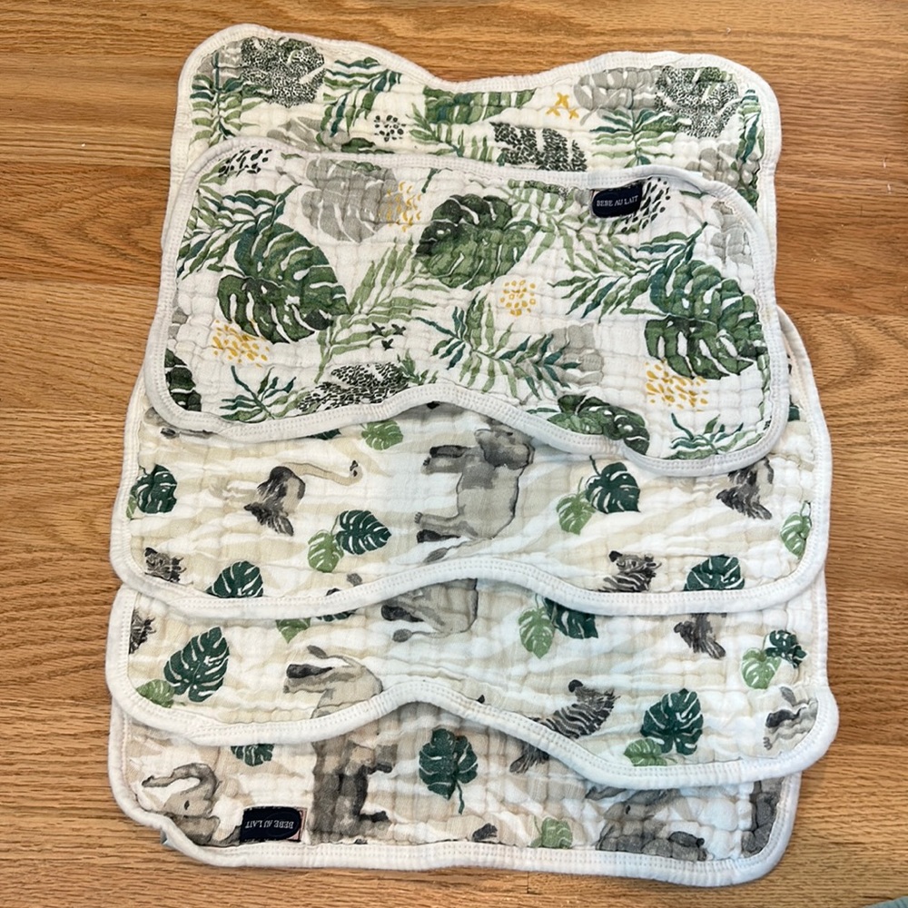 5 Gently used Bebe Au Lait Jungle Muslin burp rags
